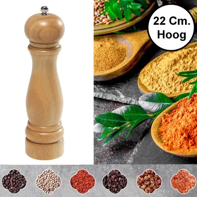 Productafbeelding van Pepermolen Rubberhout - Ø5.5 Hoogte: 22 Cm - Zoutmolen of kruidenmolen - Peper / Zout / Kruiden molen - Keramisch maalwerk - 22 Cm