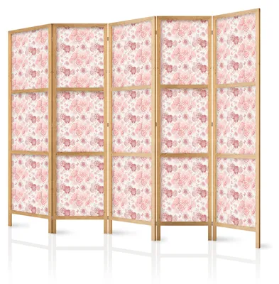 Obrázok produktu pre Paraván japonského štýlu, 5-dielny, skladací, ako rozdeľovač miestnosti, kvalitná tkanina, ružový motív kvetov, vhodný do obývačky, rozmer 225 cm x 172 cm