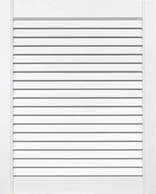 A close-up view of a white louvered door or shutter.