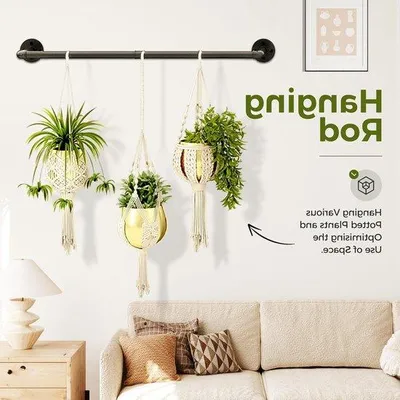 Immagine prodotto di Vasi sospesi per piante da interno - Ganci da parete - Barra metallica nera sospesa - Decorazione per soggiorno, cucina e camera da letto