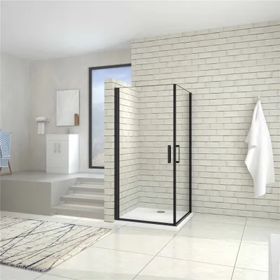 Produktbild von Eckeinstieg 80x80xH.200cm schwarze Duschkabine mit Duschtasse 8mm NANO ESG-Glas Schwingtür Drehtür eckdusche Duschabtrennung