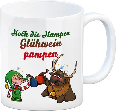 Produktbild von Hoch die Humpen Glühwein pumpen Kaffeebecher mit betrunkenem Rentier & Wichtel