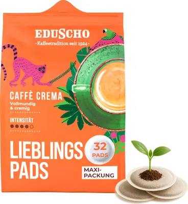 The image shows the packaging of Eduscho Kaffeepads Lieblingspads Caffè Crema, along with some coffee pads and a small plant growing from one.