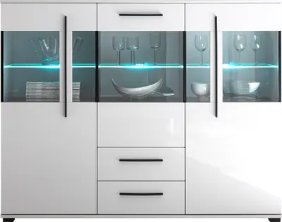 Produktbild von Modernes Highboard COLORADO-61 in weiß Hochglanz inkl. LED und Grauglas BxHxT: 160x126x42cm