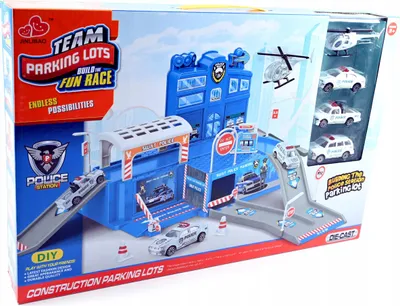 Produktbild von Polizeistation Parkgarage mit Rennbahn & 4 Autos - Spielzeug Parkhaus für Kinder