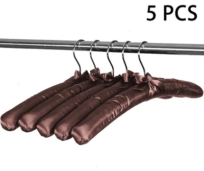 Produktbild von 5er-Pack gepolsterte Satin-Kleiderbügel, Pulloverbügel, Brautkleiderbügel aus Seide, weicher Stoff, keine Beulen, für Mäntel, Blusen und Kleider, Kaffeefarben