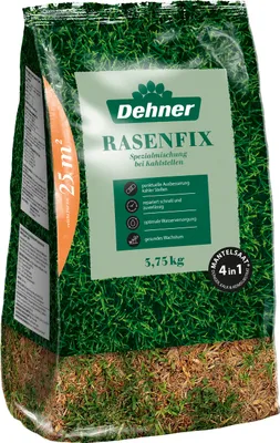 Produktbild von Dehner Rasen-Reparatur Rasenfix, Komplettlösung aus Saatgut, Algenkalk und Keimsubstrat für schnelles Wachstum, Quick-Start-Mantelsaat für optimale Keimung, FSC-e Verpackung, 3.75 kg für ca. 25 m²