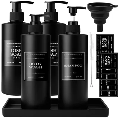 Produktbild von 500-ml-Seifenspender (schwarz), nachfüllbare Shampoo-Flaschen aus Kunststoff mit Etiketten, Ablage, Trichter, leerer Pumpspender für Lotionen in Küche und Bad, Flüssigseife, Duschgel
