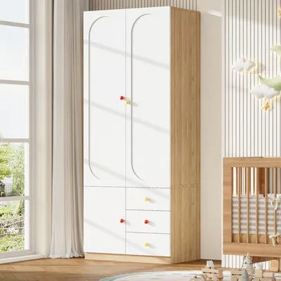 Produktbild von Merax Kinder-Kleiderschrank, 3-türiger Kleiderschrank mit 3 Schubladen, Kinderzimmer, Kinderzimmermöbel, Kleiderstange, Bunte Keramikgriffe, Weiß