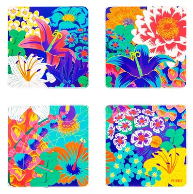4er-Set Untersetzer, Glas, 10x10 cm, Blumenstrauß-Motiv