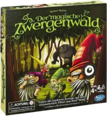 The image shows the front of a board game box with a fantasy forest scene and gnomes.