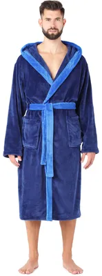 Image de Ladeheid Peignoir de bain homme long avec ceinture LA40-221 (bleu foncé/bleu, M)