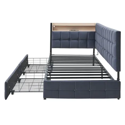 Produktbild von Merax Tagesbett Kinderbett 90x200 cm, Polster-Schlafsofa mit LED, 2 Schubladen & USB-/Typ-C-Anschluss, Einzelbett aus Samt für Jugendzimmer, Grau
