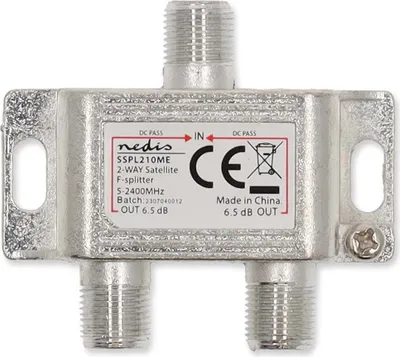 Produktbild von Nedis Satelliten-Splitter - 5 - 2400 MHz - 6.5 dB - Anzahl Eingänge: 1 - Anzahl der Ausgänge: 2 - Impedanz externer Lautsprecher: 75 Ohm - Zink - Silber