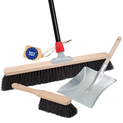 Produktbild von Novaliv Großer Besen 60 cm mit Stiel Rosshaarbesen Saalbesen inkl. Kehrgarnitur verzinkt bestehend aus Kehrblech und Handfeger besen fein Ideal als Werkstattbesen Hallenbesen Hausbesen mit Stiel
