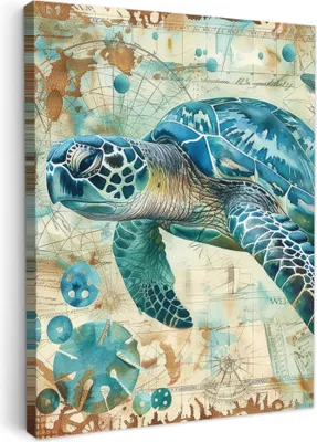 Produktbild von MuchoWow® - Leinwandbilder - Vintage - Schildkröte - Meerestiere - Aquarell, Wandbild, Wanddeko Bilder Wohnzimmer, 60x80 cm
