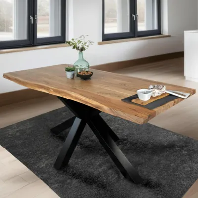 Produktbild von Esstisch 200 x 100 cm Tim, Baumkantentisch naturfarben, Akazienholz massiv, Spider-Gestell aus Metall Schwarz
