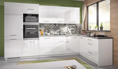 Produktbild von L-Form Küchenzeile Essen Trend mit Arbeitsplatte 345x190cm perlweiß Front weiß Acryl Hochglanz