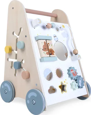 A wooden walker with various interactive elements for babies and toddlers.