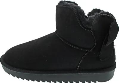 A black winter boot with a bow detail on the back, shown from the side against a white background.