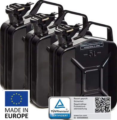 Produktbild von BW® Kraftstoffkanister Metall Benzinkanister 3x 5 Liter - Schwarz RAL 9005 - UN-Zulassung - Hergestellt in Europa