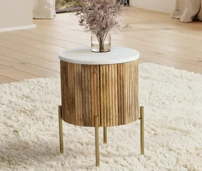 Produktbild von Beistelltisch 40cm mit Tür "Valencia II"' Mango natur lackiert & Marmor weiss