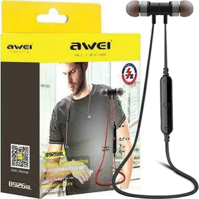A product packaging box for Awei Bluetooth Headphones, featuring a model wearing the headphones and the product itself displayed next to the box.