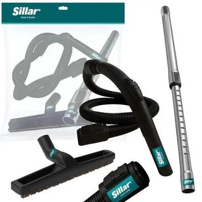 A collection of vacuum cleaner accessories, including a hose, extension tubes, and various nozzles, arranged on a white background.