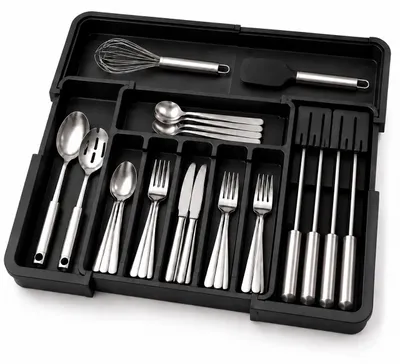 Productafbeelding van Relaxdays bestekbakken, uitschuifbaar, met 6-9 vakken, messenhouder, afmetingen 5 x 33-56,5 x 37-48,5 cm, lade-inlegger, zwart, AI-gegenereerde afbeelding