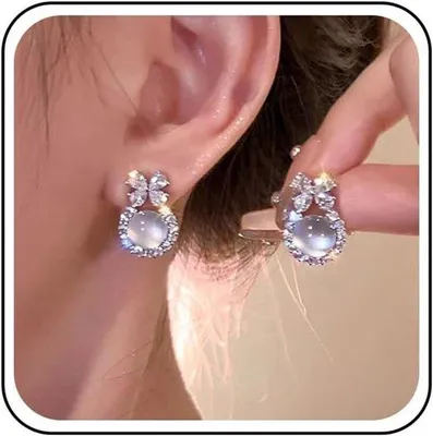 Produktbild von Vintage-Ohrringe mit Mondstein, runde Mondsteine, Anhänger, Opal, Edelstein, Tropfenform, Retro-Stil, Kristall