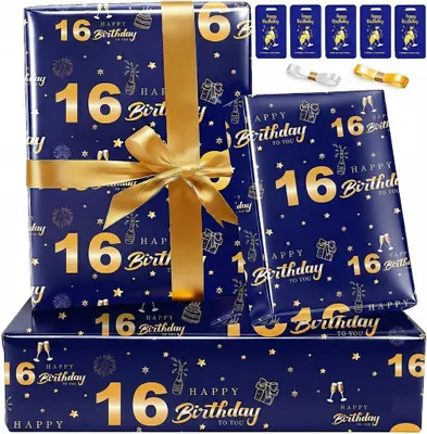 Produktbild von Geschenkpapier 16. Geburtstag 5 Stück, 70x50 cm, blau und gold, für Geburtstag