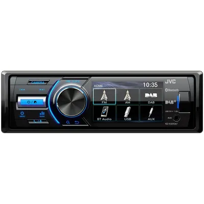 A JVC car stereo with a digital display and various input options.