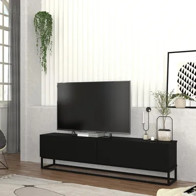 Produktbild von TV-Lowboard 'Nolven' mit 2 Klapptüren langes Gestell 180 x 32 x 47 cm Schwarz