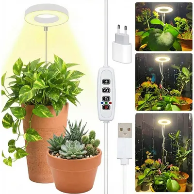 A collage of images showing a ring-shaped LED grow light illuminating potted plants, with close-ups of the light's controller and power adapter.