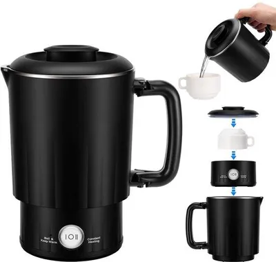 Zdjęcie produktu dla Elektryczny czajnik 800 ml, przeznaczony do parzenia jednej filiżanki - moc 600 W, napięcie 220 V - kolor czarny - idealny do użytku w domu, na kempingu i w podróży