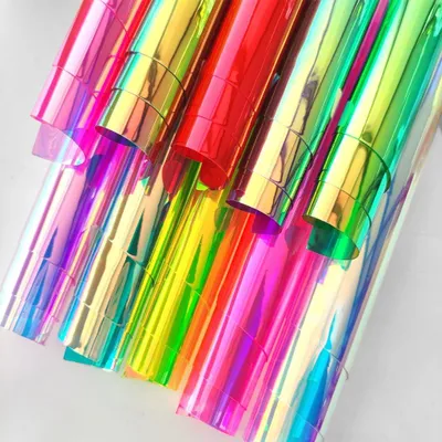 Zdjęcie produktu dla Materiał PVC, 10 sztuk, format A4 - holograficzny - przezroczysty - winyl - do rękodzieła - 21,1 x 30 cm - efekt iryzujący - tworzywo sztuczne
