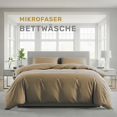 Produktbild von Lavea® Bettwäsche 220x240 cm, 3-teilig, 1 Bettbezug 220x240 cm, 2 Kissenbezüge 80x80 cm, Mikrofaser, weich, atmungsaktiv, hypoallergen, Markenreißverschluss, Bettwäsche-Sets Sand