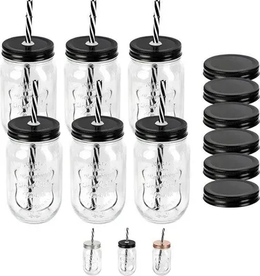 Produktbild von Unyqoos® 6x Trinkglas 500 ml aus Glas mit Strohhalm – Weckgläser mit Schraubdeckel, 12 Deckel (6 perforiert + 6 geschlossen), Farbe: Schwarz