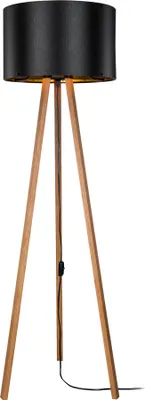 A floor lamp with a black shade and a wooden tripod base.
