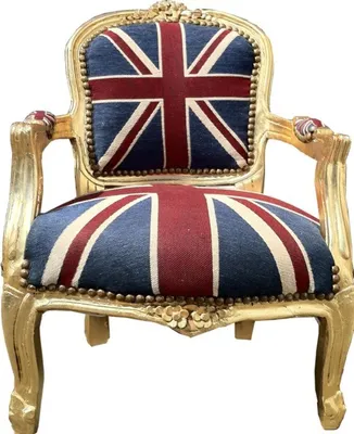 Produktbild von Casa Padrino Barock Kinderstuhl Union Jack Gold, Armlehnstuhl aus Massivholz, Höhe 71 cm, Breite 51 cm