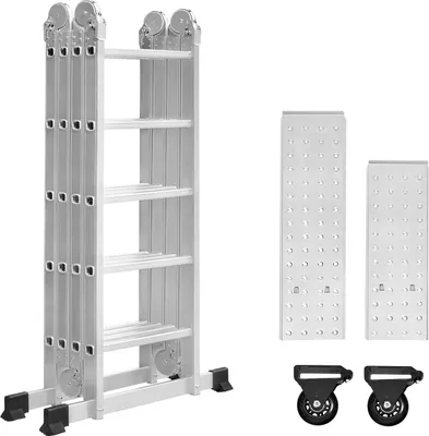 Produktbild von Viacúčelový rebrík 550 cm, multifunkčný hliníkový rebrík 6 v 1, skladací rebrík s 2 kolieskami a plošinou, 4 x 5 strieborný skladací viacúčelový rebrík do 150 kg CEEDIR