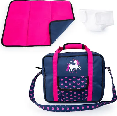 Produktbild von Bayer Design 69254AC Puppenpflege Set, Wickelset für Babypuppen mit Wickeltasche, Wickelunterlage, genähte Windel, blau, pink, Einhorn u. Herzen