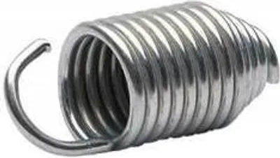 A close-up studio shot of a metal spring with a hook on one end, against a white background.