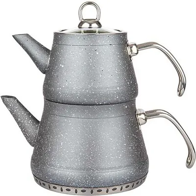 Produktbild von Teekanne Caydanlik Teekessel und Wasserkessel Außenbeschichtung in Granitoptik Silber mit Silbergriff