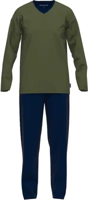 Produktbild von TOM TAILOR Herren Schlafanzug - Pyjama, Baumwolle, V-Ausschnitt, Logo, einfarbig, lang Grün/Dunkelblau XXL