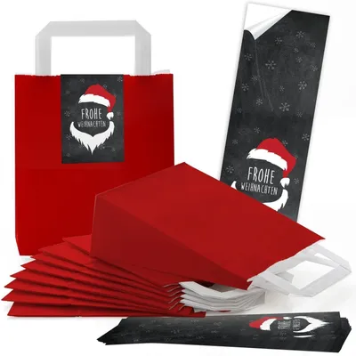 Produktbild von rote Weihnachtstüten mit Boden 18 x 8 x 22 cm + Nikolaus Weihnachtsbanderolen 7 x 21 cm 10 Stück25 Stück