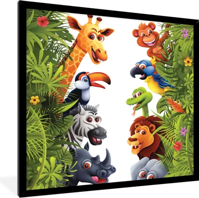 Produktbild von MuchoWow® Gerahmtes Poster Dschungel - Tiere - Jungen - Mädchen - Giraffe - Elefant - Kinder 40x40 cm - Poster mit Schwarzem Bilderrahmen Wandposter Rahmen Foto Bilder - Mit Rahmen - Wanddekoration Schlafzimmer