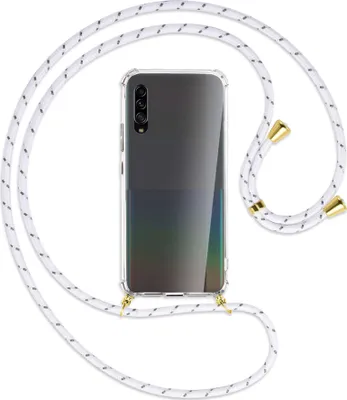 Produktbild von Handykette Backcover-Schutzhülle mit Band (Metall goldfarben) für Samsung Galaxy A90 5G - weiß/grau