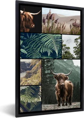 Produktbild von MuchoWow® MuchoWow® Gerahmtes Poster Schottische Hochlandrind - Collage - Pflanzen - Natur 20x30 cm - Poster mit zchwarzem Bilderrahmen - Drucken - Bilder Poster im Rahmen
