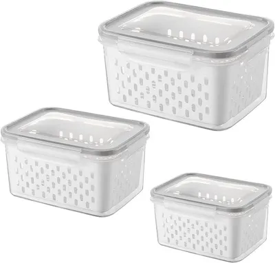 Produktbild von PolkaHome® 3er-Set Vorratsdosen mit Deckel, Frischhaltedosen mit Siebeinsatz, 0,85L+1,75L+3,3L, BPA-frei, stapelbar, für Obst & Gemüse